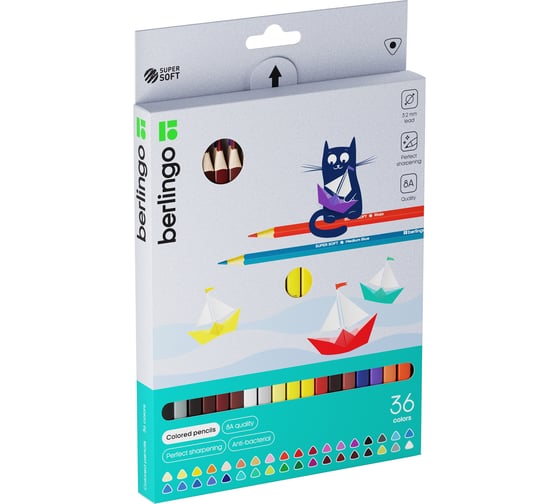 Изображение товара Цветные карандаши BERLINGO SuperSoft Жил-был кот 36 цветов, трехгранные, заточенные, картонная коробка SS00536