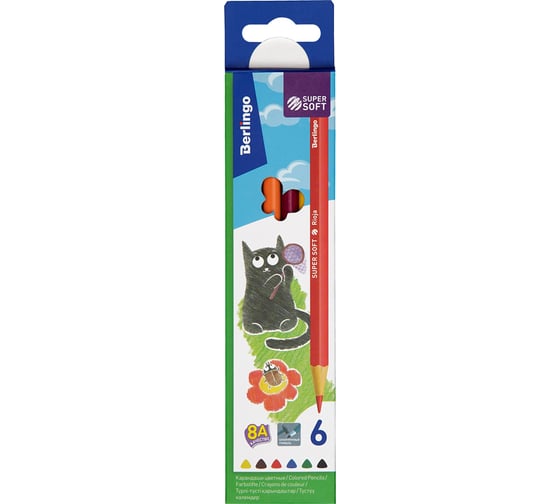 Изображение товара Цветные карандаши BERLINGO SuperSoft. Жил-был кот 6 цветов, трехгранные, заточенные, картонная коробка SS00506