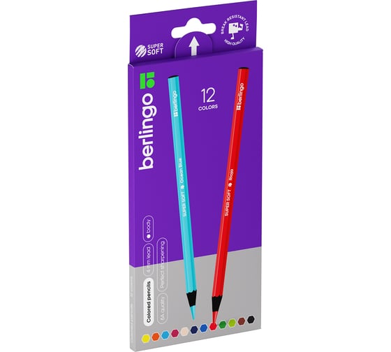 Изображение товара Цветные карандаши BERLINGO SuperSoft Blackwood 12 цветов, черное дерево, заточенные, картонная коробка SS01812