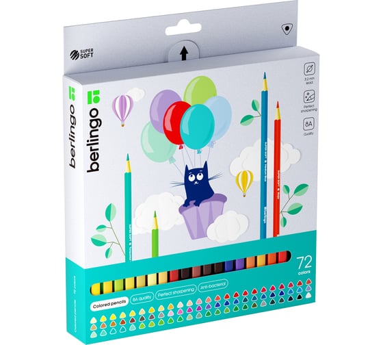Изображение товара Цветные карандаши BERLINGO SuperSoft Жил-был кот 72 цвета, трехгранные, заточенные, картонная коробка SS00572