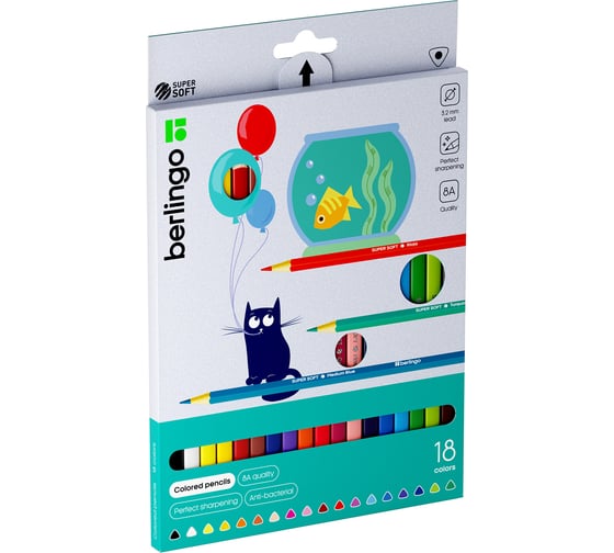 Изображение товара Цветные карандаши BERLINGO SuperSoft Жил-был кот 18 цветов, трехгранные, заточенные, картонная коробка SS00518