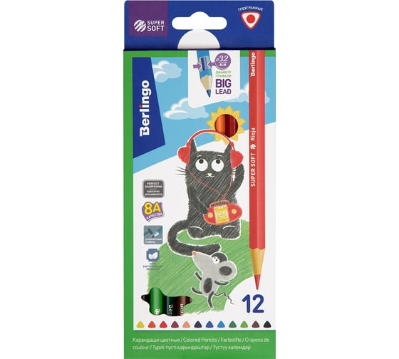 Изображение товара Цветные карандаши BERLINGO SuperSoft Жил-был кот 12 цветов, трехгранные, заточенные, картонная коробка SS00512