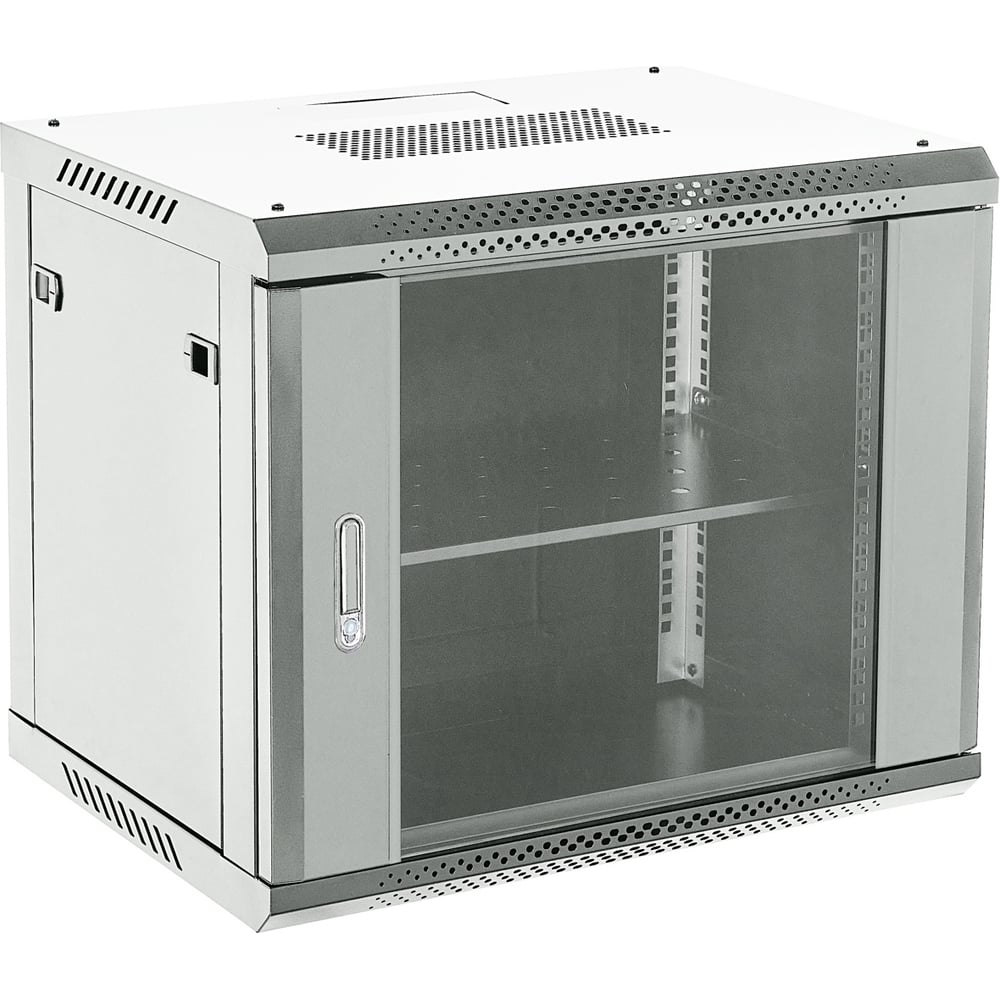 Изображение товара Настенный шкаф REXANT, 19 дюймов, 6U, 600×450×368 (ШxГxВ), дверь стекло, боковые съемные стенки, RAL 7035 04-0664-111