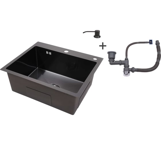 Изображение товара Мойка из нержавеющей стали Alcora Milan 58х48 см., цвет Nano Black. В комплекте сифон и диспенесер 2010935NB+3046506B