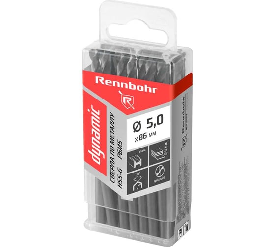 Изображение товара Сверло по металлу RENNBOHR DYNAMIC PROM 5.0x86 мм, HSS-G, P6M5, 20 шт/уп 666050