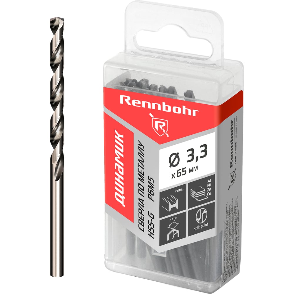 Изображение товара Сверло по металлу RENNBOHR DYNAMIC PROM 3.3x65 мм, HSS-G, P6M5, 20 шт/уп 666033 Изображение товара Сверло по металлу RENNBOHR DYNAMIC PROM 3.3x65 мм, HSS-G, P6M5, 20 шт/уп 666033