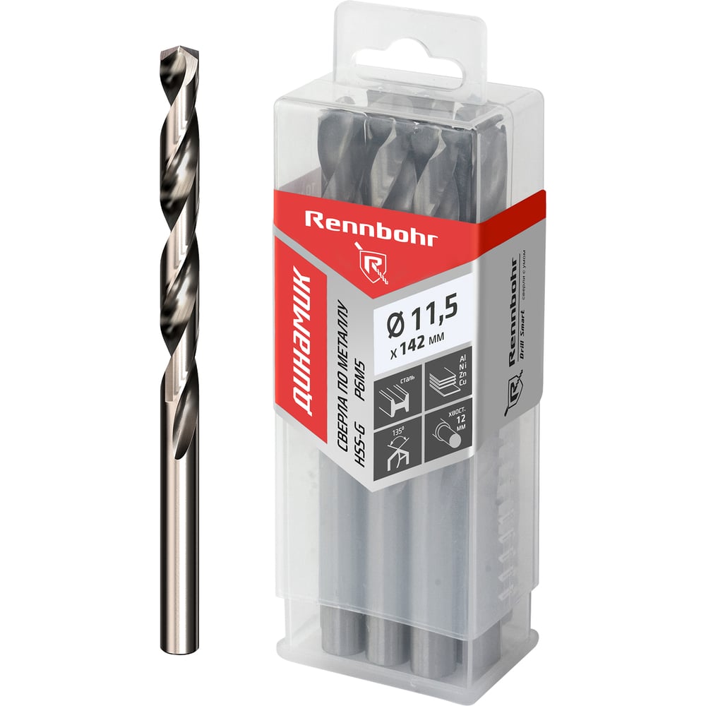 Изображение товара Сверло по металлу RENNBOHR DYNAMIC PROM 11.5x142 мм, HSS-G, P6M5, 10 шт/уп 666115 Изображение товара Сверло по металлу RENNBOHR DYNAMIC PROM 11.5x142 мм, HSS-G, P6M5, 10 шт/уп 666115