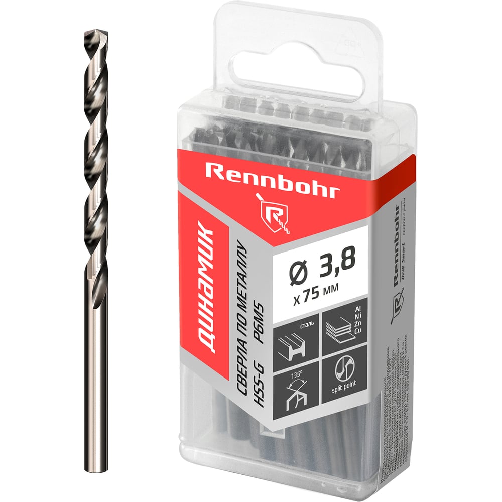 Изображение товара Сверло по металлу RENNBOHR DYNAMIC PROM 3.8x75 мм, HSS-G, P6M5, 20 шт/уп 666038 Изображение товара Сверло по металлу RENNBOHR DYNAMIC PROM 3.8x75 мм, HSS-G, P6M5, 20 шт/уп 666038