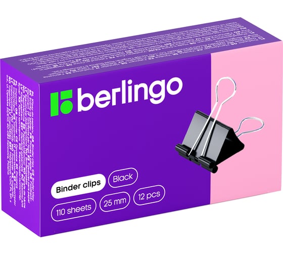 Изображение товара Зажимы для бумаг BERLINGO 25 мм, 12 шт, черные, картонная коробка BC1225