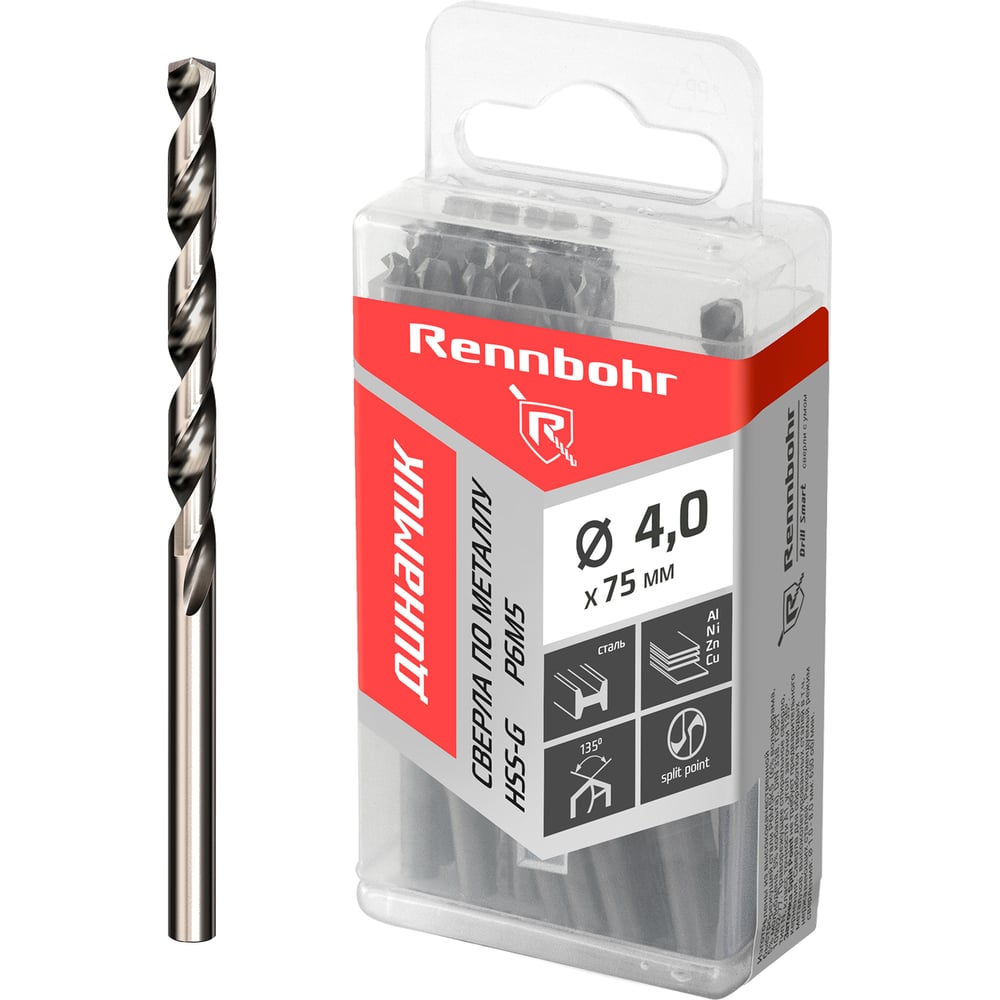 Изображение товара Сверло по металлу RENNBOHR DYNAMIC PROM 4.0x75 мм, HSS-G, P6M5, 20 шт/уп 666040