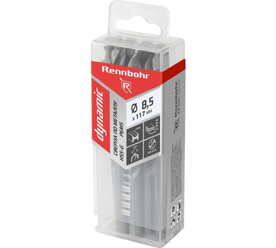 Изображение товара Сверло по металлу RENNBOHR DYNAMIC PROM 8.5x117 мм, HSS-G, P6M5, 10 шт/уп 666085