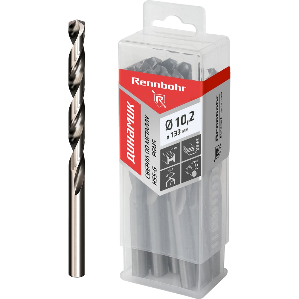Изображение товара Сверло по металлу RENNBOHR DYNAMIC PROM 10.2x133 мм, HSS-G, P6M5, 10 шт/уп 666102 Изображение товара Сверло по металлу RENNBOHR DYNAMIC PROM 10.2x133 мм, HSS-G, P6M5, 10 шт/уп 666102