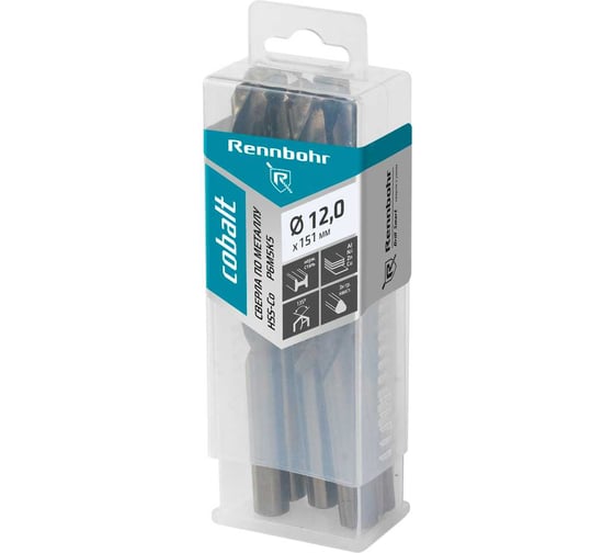 Изображение товара Сверло по металлу RENNBOHR COBALT PROM 3-х гр. хвост, 12.0x151 мм, HSS-Co, Р6М5К5, 5 шт/уп 671120