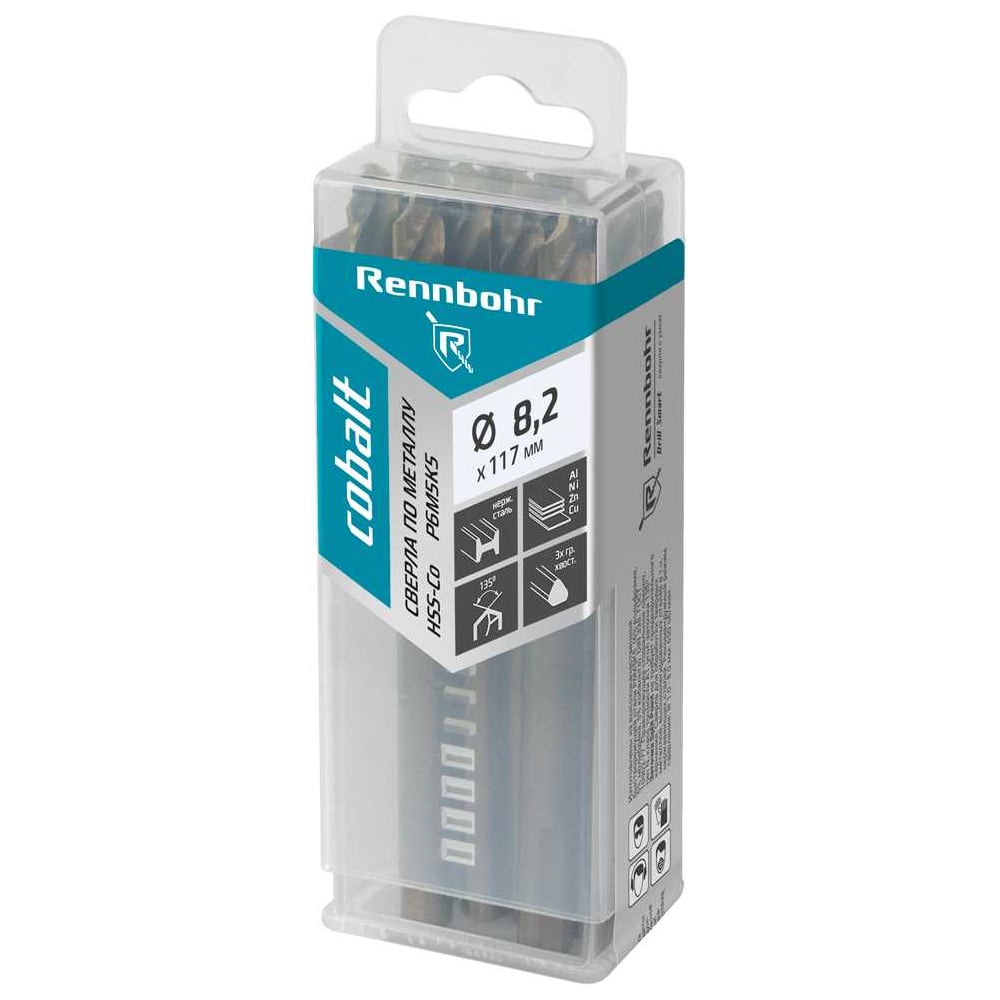 Изображение товара Сверло по металлу RENNBOHR COBALT PROM 3-х гр. хвост, 8.2x117 мм, HSS-Co, Р6М5К5, 10 шт/уп 671082