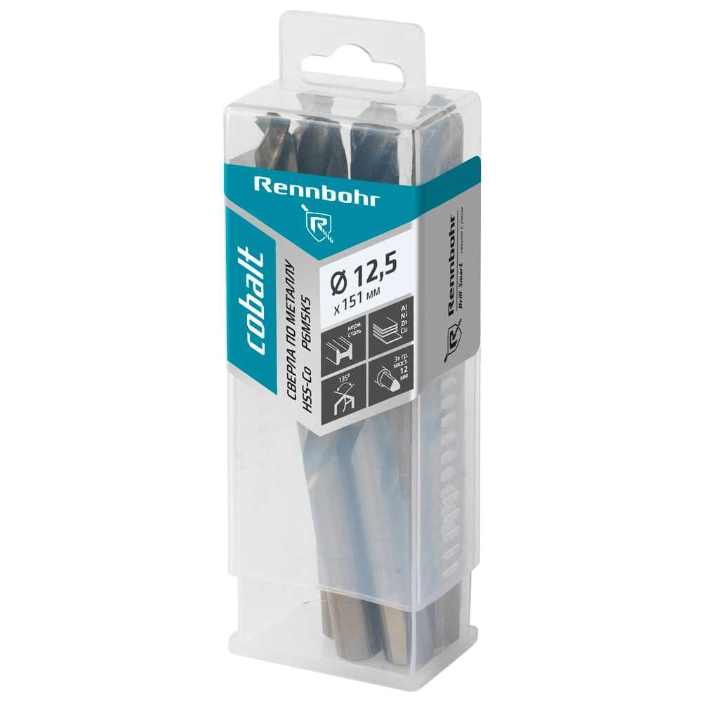 Изображение товара Сверло по металлу RENNBOHR COBALT PROM 3-х гр. хвост, 12.5x151 мм, хв-к 12 мм, HSS-Co, Р6М5К5, 5 шт/уп 671125