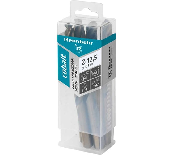 Изображение товара Сверло по металлу RENNBOHR COBALT PROM 3-х гр. хвост, 12.5x151 мм, хв-к 12 мм, HSS-Co, Р6М5К5, 5 шт/уп 671125
