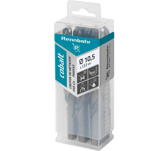 Изображение товара Сверло по металлу RENNBOHR COBALT PROM 3-х гр. хвост, 10.5x133 мм, HSS-Co, Р6М5К5, 10 шт/уп 671105