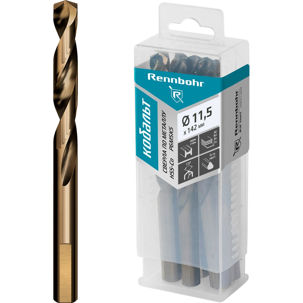 Изображение товара Сверло по металлу RENNBOHR COBALT PROM 3-х гр. хвост, 11.5x142 мм, HSS-Co, Р6М5К5, 10 шт/уп 671115