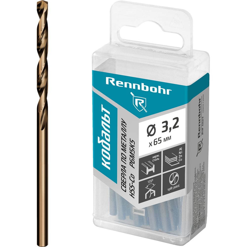 Изображение товара Сверло по металлу RENNBOHR COBALT PROM 3.2x65 мм, HSS-Co, Р6М5К5, 20 шт/уп 671032 Изображение товара Сверло по металлу RENNBOHR COBALT PROM 3.2x65 мм, HSS-Co, Р6М5К5, 20 шт/уп 671032
