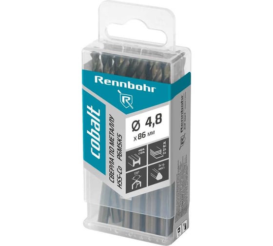 Изображение товара Сверло по металлу RENNBOHR COBALT PROM 3-х гр. хвост, 4.8x86 мм, HSS-Co, Р6М5К5, 20 шт/уп 671048