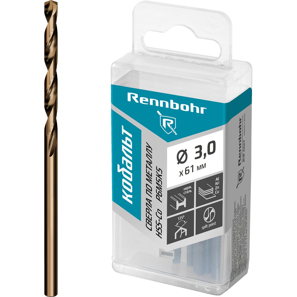 Изображение товара Сверло по металлу RENNBOHR COBALT PROM 3.0x61 мм HSS-Co Изображение товара Сверло по металлу RENNBOHR COBALT PROM 3.0x61 мм HSS-Co