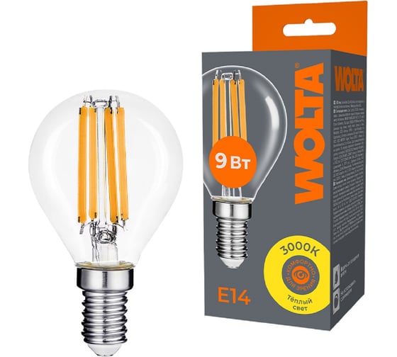 Изображение товара Светодиодная лампа Wolta формы шар FILAMENT мощностью 9Вт, эквивалент 75 Вт лампе накаливания, цветовая температура теплый желтоватый свет 3000K, цоколь Е14 WF-G45-9W3KE14