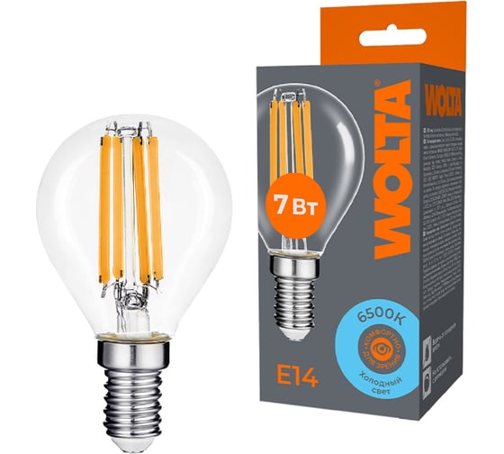 Изображение товара Светодиодная лампа Wolta шар FILAMENT мощностью 7Вт с цветовой температурой 6500K холодный белый свет, с цоколем Е14 WF-G45-7W6KE14