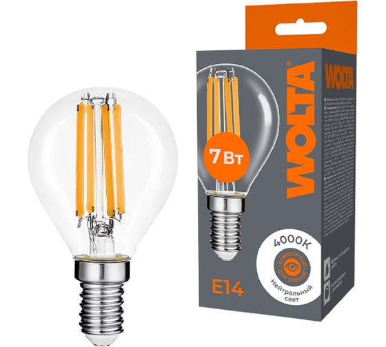 Изображение товара Светодиодная лампа Wolta шар FILAMENT мощность 7Вт, эквивалент лампе накаливания 60Вт, дневной белый свет 4000K, цоколь Е14 WF-G45-7W4KE14