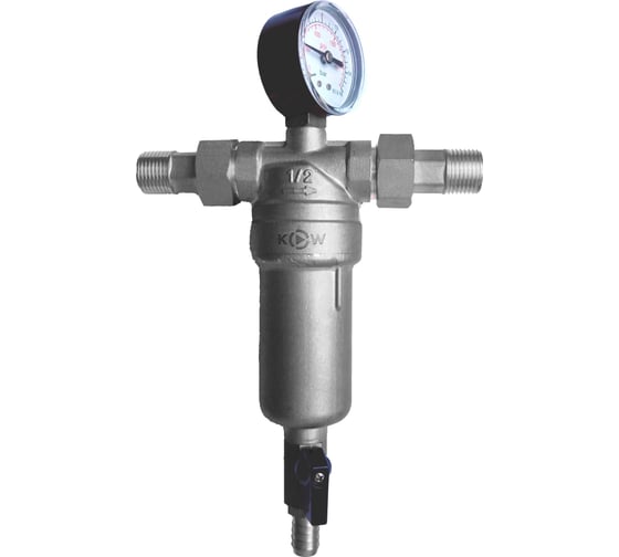 Изображение товара Фильтр промывной KROMWELL 100 мкм, 1/2", с латун.колбой и манометром, американки, никелированный, KW.F60304