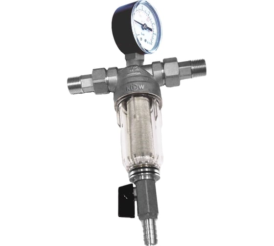 Изображение товара Фильтр промывной KROMWELL 100 мкм, 1/2", с прозрач.колбой и манометром, американки, никелированный KW.F60404