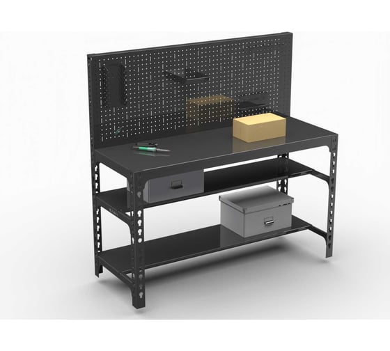 Изображение товара Стол металлический ООО Металекс 750х1400х400, две полки + перфопанель с комплектом аксессуаров, серый 112167