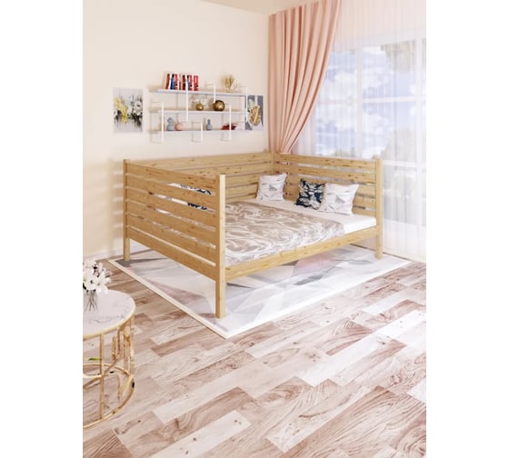 Изображение товара Двуспальная тахта Solarius из массива сосны со сплошным основанием и высокими бортиками, 140x160 см (габариты 150x170), без шлифовки и покраски tahta-spin140-160net-full