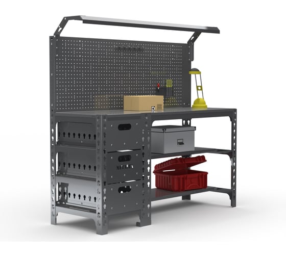 Изображение товара Стол металлический ООО Металекс серия SUN 750х1200х500 мм, с выдвижными ящиками, перфопанелью и комплектом освещения, серый 112265