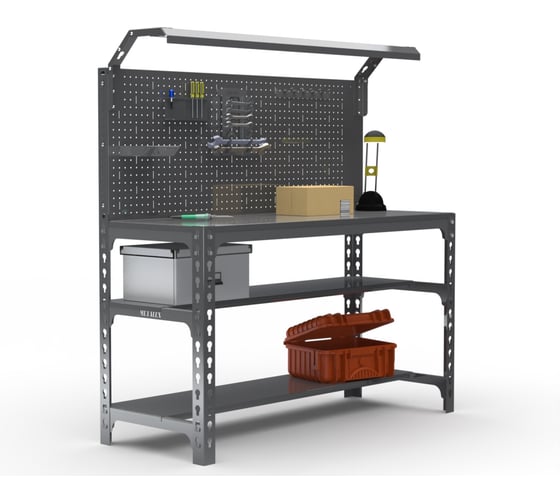 Изображение товара Металлический стол ООО Металекс серия SUN 750х1000х400 (2-е полки + перфопанель с комплектом освещения) серый / 112235