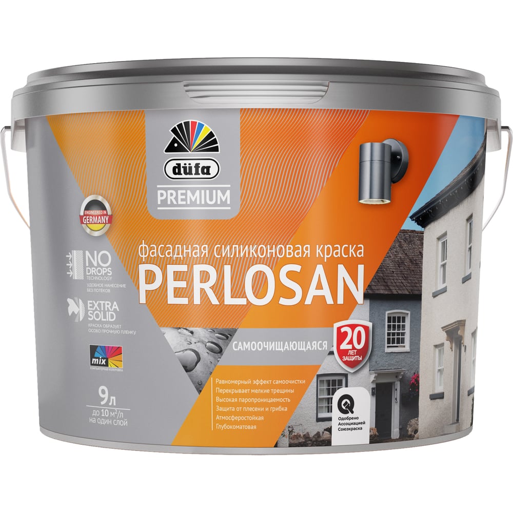 Изображение товара Premium ВД краска Dufa Perlosan фасадная силиконовая база 1 9л МП00-010593