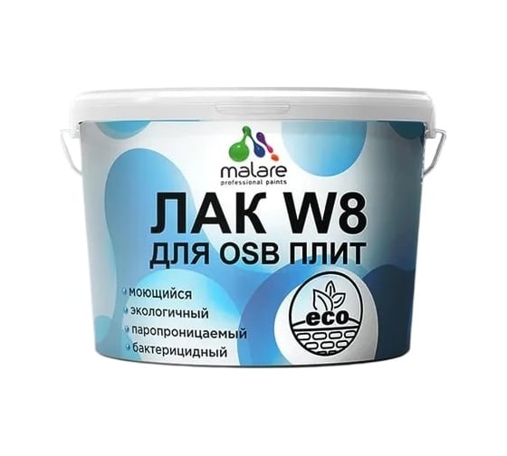Изображение товара Лак колерованный тонирующий для защиты ОСБ плит MALARE W8 для дерева и мин. поверхностей, паропроницаемый, водный, без запаха, матовый, тик, 9 кг 4660504748141