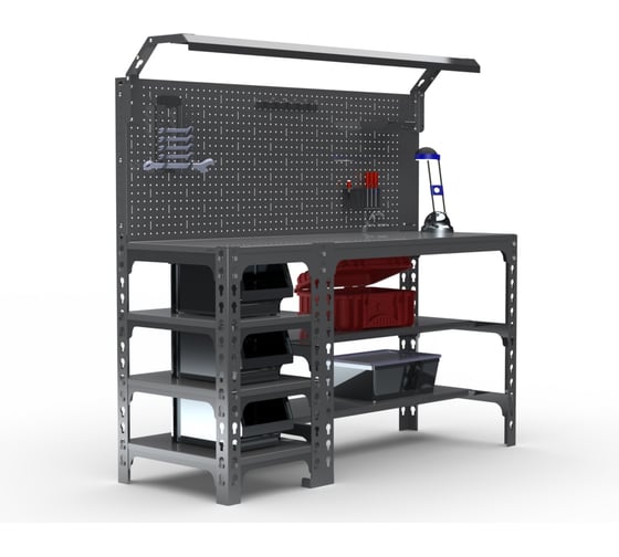 Изображение товара Стол металлический ООО Металекс серия SUN 750х1200х500 мм, с боковыми полками, перфопанелью и комплектом освещения, серый 112256