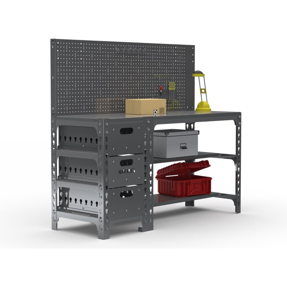 Изображение товара Металлический рабочий стол ООО Металекс 750х1600х600 мм с ящиками и перфопанелью