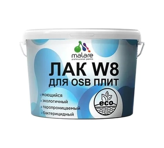 Изображение товара Колерованный укрывной лак MALARE для защиты ОСБ плит W8 универсальный для дерева и минеральных поверхностей, без запаха, полуглянцевый RAL 3020 красный, 9 кг. 4660504759741