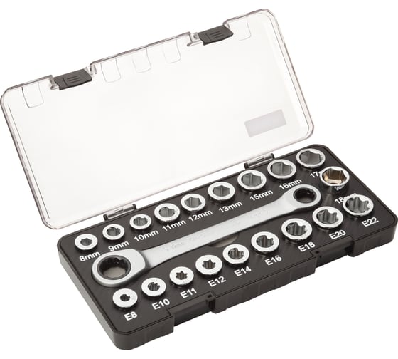 Изображение товара Накидной ключ с трещоткой и набором насадок REKON RW1240 14х19 мм, CrV,  20 предметов 053020