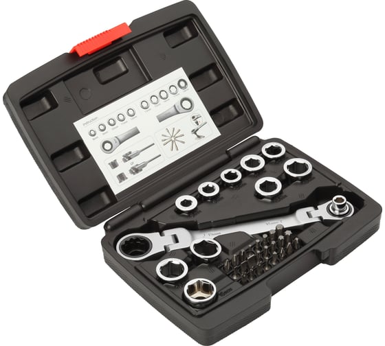 Изображение товара Накидной ключ с трещоткой, шарниром и набором насадок REKON RW1245 14х19 мм, CrV  36 предметов 053036