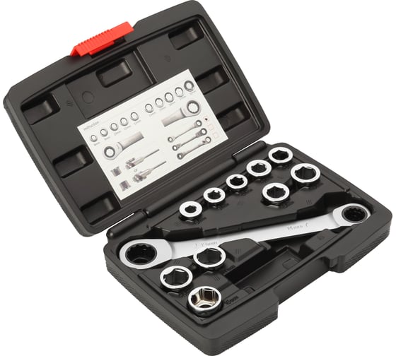 Изображение товара Накидной ключ с трещоткой и набором насадок REKON RW1246 14х19 мм, CrV  11 предметов 053011