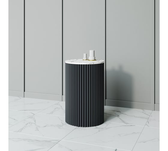 Изображение товара Стол круглый журнальный GENGLASS с металлическим подстольем 400х400 мм, TRUBIS Wood, черное подстолье, столешница белый мрамор 40 см GGT-03-2-5-S-40