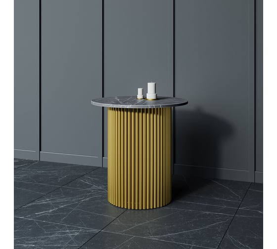 Изображение товара Стол круглый журнальный GENGLASS с металлическим подстольем 400х400 мм, TRUBIS Wood, золотое подстолье, столешница черный мрамор 60 см GGT-03-1-4-S-60