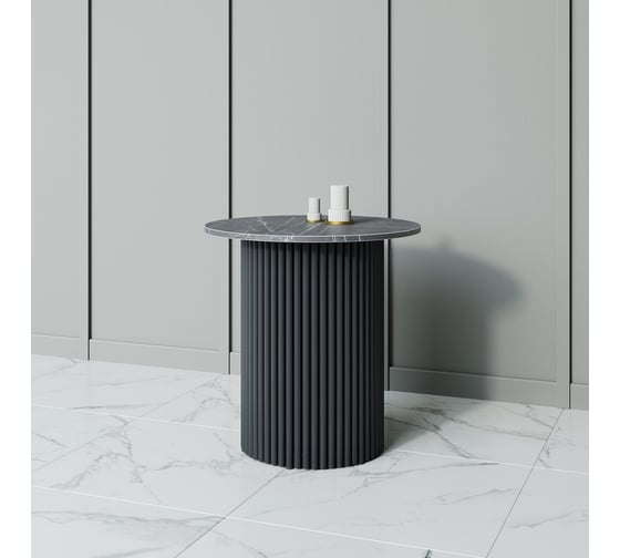 Изображение товара Стол круглый журнальный GENGLASS с металлическим подстольем 400х400 мм, TRUBIS Wood, черное подстолье, столешница черный мрамор 60 см GGT-03-2-4-S-60