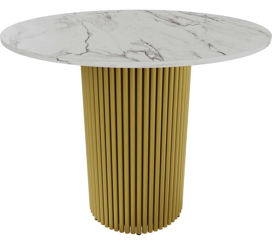 Изображение товара Стол круглый обеденный GENGLASS с металлическим подстольем 400х400 мм, TRUBIS Wood, золотое подстолье, столешница белый мрамор 90 см GGT-03-1-5-L-90