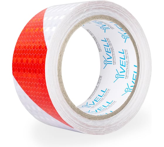 Изображение товара Светоотражающая лента Vell бело-красная RT, диагональная, 50 мм х 10 м 1376510