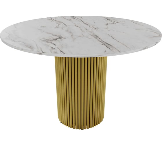 Изображение товара Стол круглый обеденный GENGLASS с металлическим подстольем 400х400 мм, TRUBIS Wood, золотое подстолье, столешница белый мрамор 110 см GGT-03-1-5-L-110