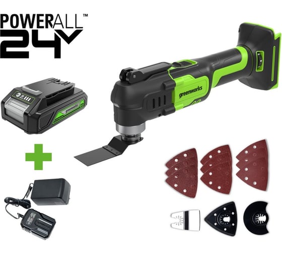 Изображение товара Мультитул GreenWorks G24MT, 24V, QOIS, 5000-18000/мин, 3,2, LED, оснастка 13 шт, 1x2Ач,ЗУ, коробка 3400307VUA