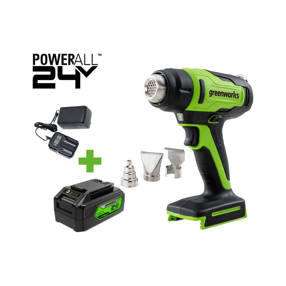 Изображение товара Строительный фен GreenWorks G24HG, 24V, 550С, 200 л/мин, 1x4Ач, ЗУ, коробка 3400207VUB